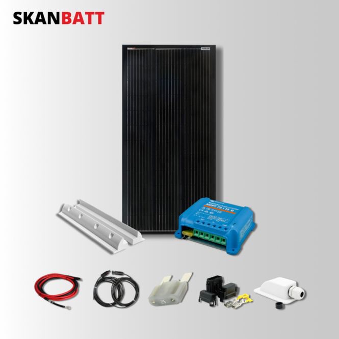 Hovedbilde SKANBATT - 200W All Black Slim Mono komplett kit med VICTRON BT 