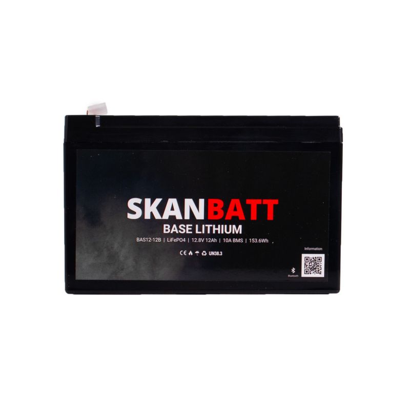 SKANBATT Base Lithium - 12V 12Ah 10A BMS - 151x98x96mm - Bluetooth - 3 Års garanti