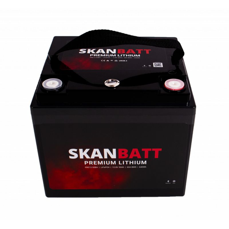 SKANBATT Premium Lithium - 12V 50Ah 60A BMS - 196x168x175mm - Bluetooth - Heat - 8 Års garanti
